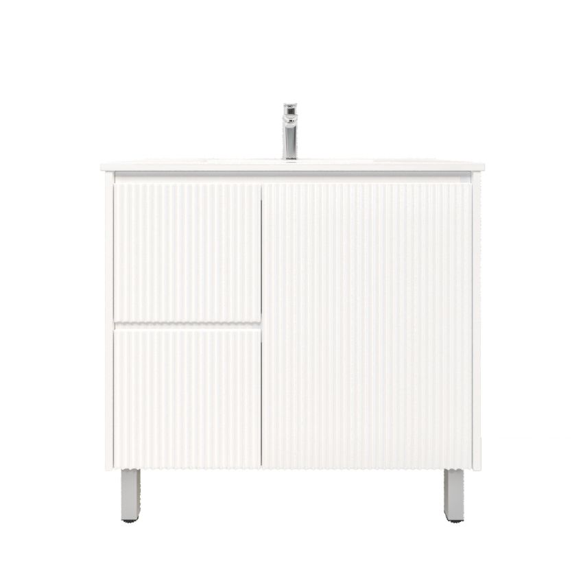 900mm Freestanding with legs  PVC Matte White Fluted Design With Left Hand Drawers Bathroom Vanity Cabinet Only