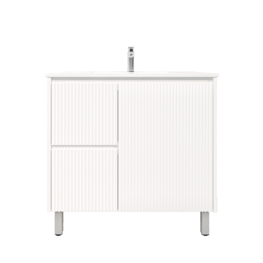 900mm Freestanding with legs  PVC Matte White Fluted Design With Left Hand Drawers Bathroom Vanity Cabinet Only