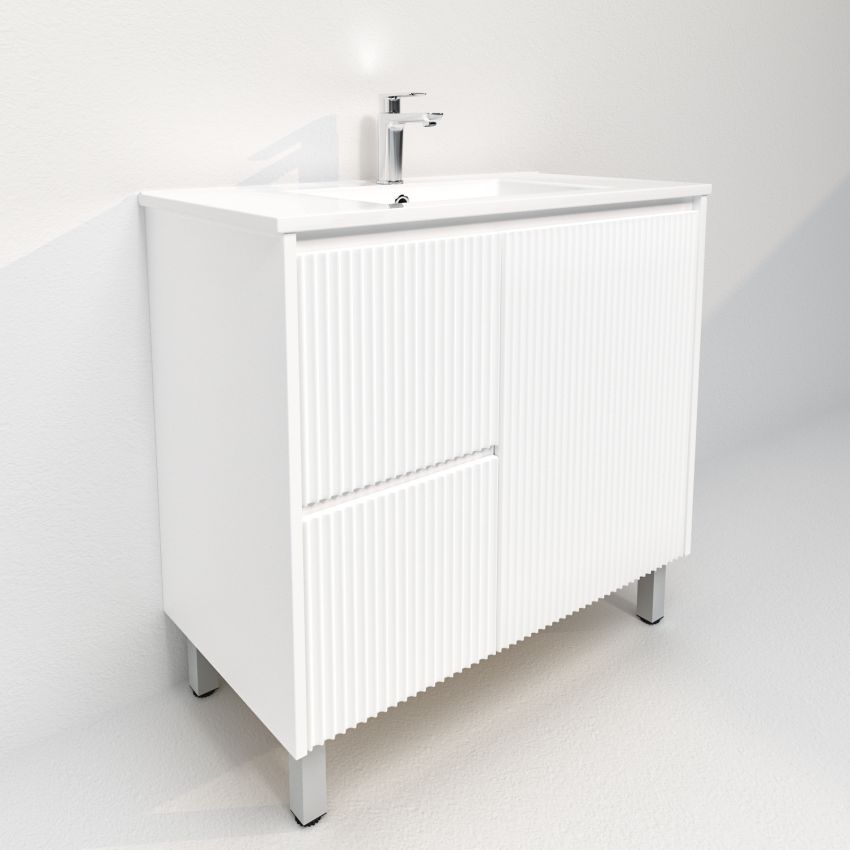 900mm Freestanding with legs  PVC Matte White Fluted Design With Left Hand Drawers Bathroom Vanity Cabinet Only