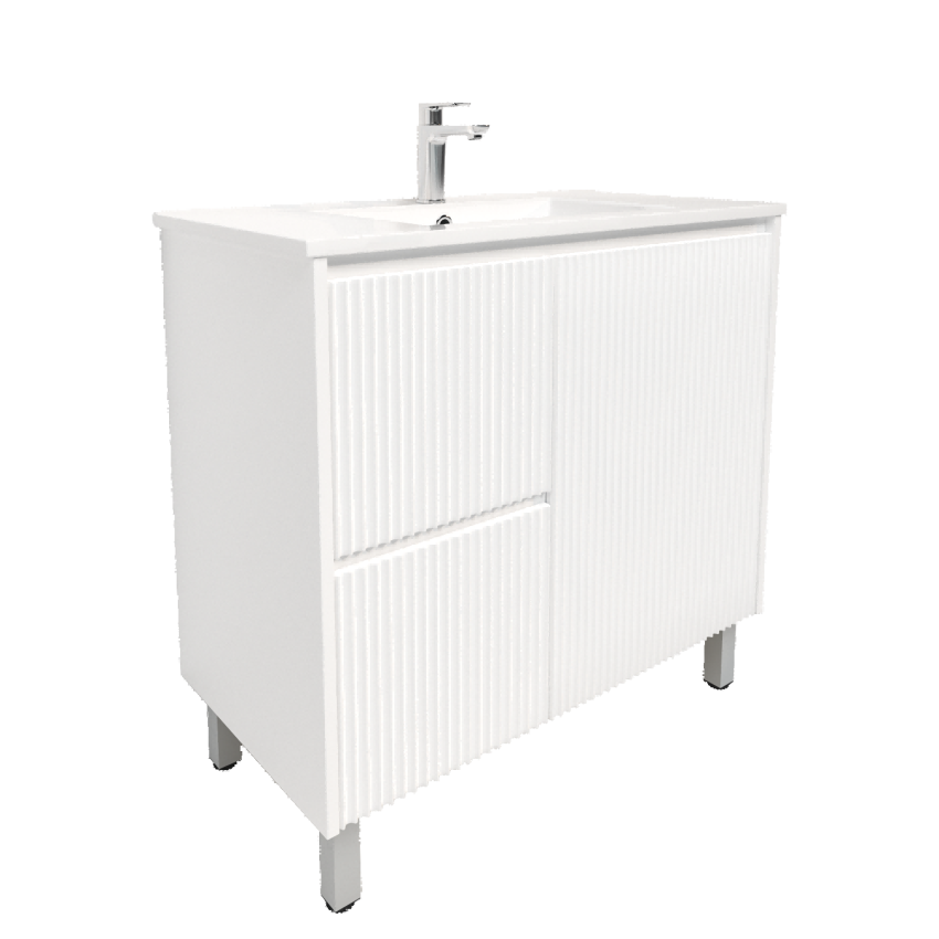 900mm Freestanding with legs  PVC Matte White Fluted Design With Left Hand Drawers Bathroom Vanity Cabinet Only