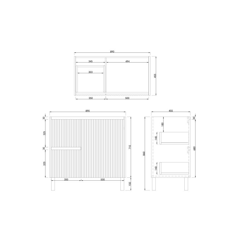 900mm Freestanding with legs  PVC Matte White Fluted Design With Left Hand Drawers Bathroom Vanity Cabinet Only