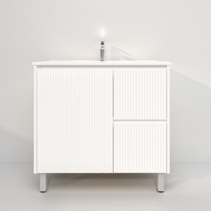 900mm Freestanding with legs  PVC Matte White Fluted Design With Right Hand Drawers Bathroom Vanity Cabinet Only