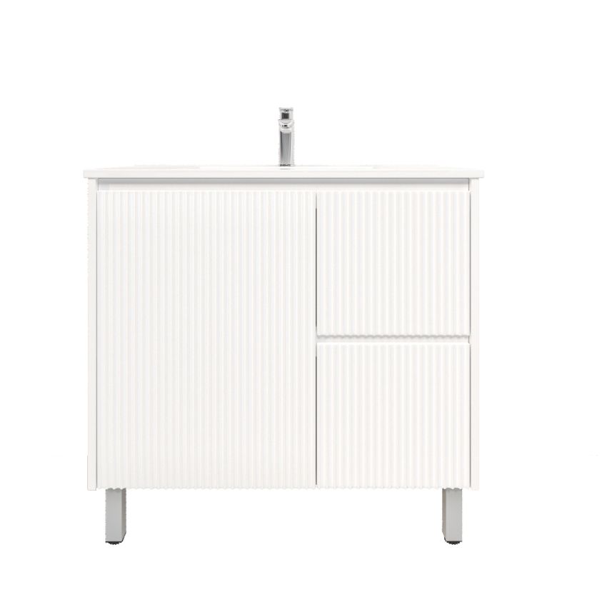 900mm Freestanding with legs  PVC Matte White Fluted Design With Right Hand Drawers Bathroom Vanity Cabinet Only