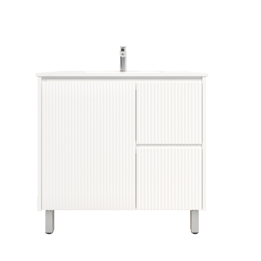 900mm Freestanding with legs  PVC Matte White Fluted Design With Right Hand Drawers Bathroom Vanity Cabinet Only