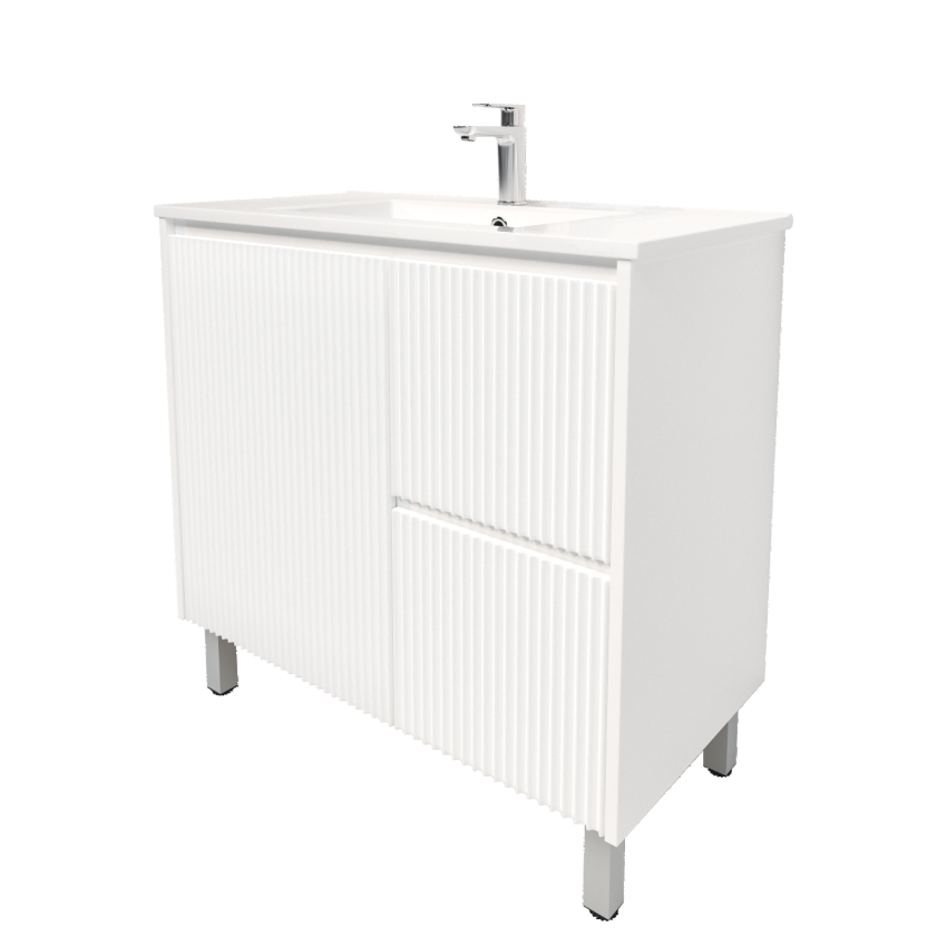 900mm Freestanding with legs  PVC Matte White Fluted Design With Right Hand Drawers Bathroom Vanity Cabinet Only
