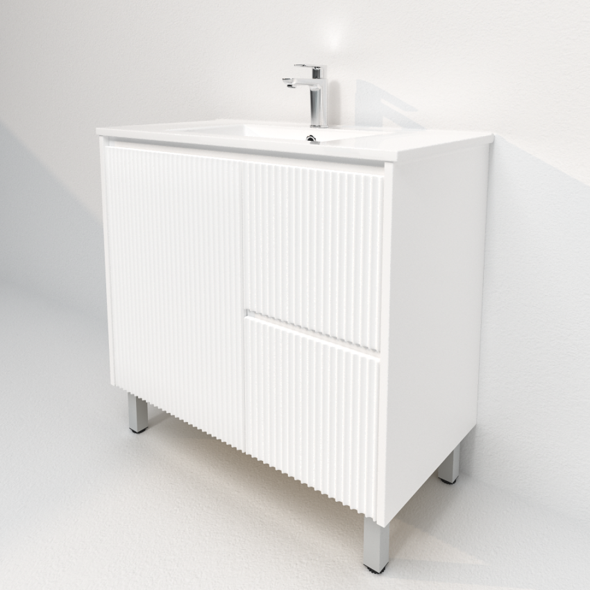 900mm Freestanding with legs  PVC Matte White Fluted Design With Right Hand Drawers Bathroom Vanity Cabinet Only
