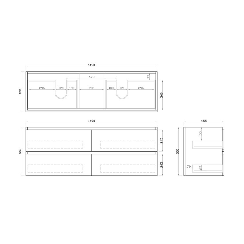 1500mm Wall Hung Bathroom Vanity Dark Grey Wood Grain 2 PAC Coating MDF Board