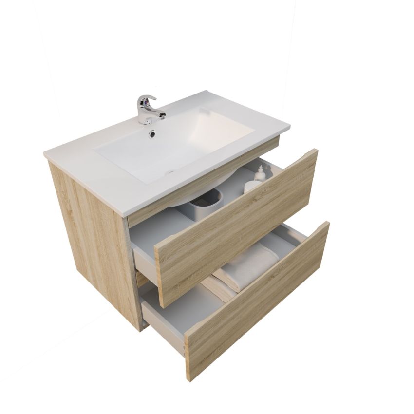 750mm Wall Hung Bathroom Vanity White Oak Wood Grain 2 PAC Coating MDF Board
